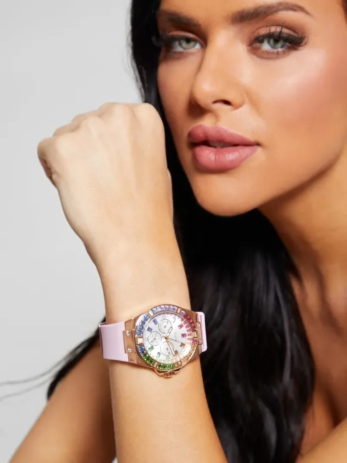 Watches Women GUESS Pink Multifunctional Silicon Watch Rose Gold