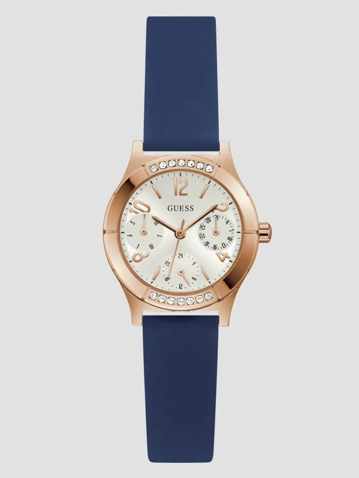 Watches Women GUESS Rose GoldTone and Blue Multifunction Watch Rose Gold Blue
