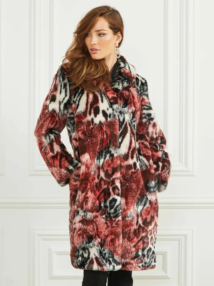 Women Belle FauxFur Coat Leopard Rose Print Jackets and Coats GUESS