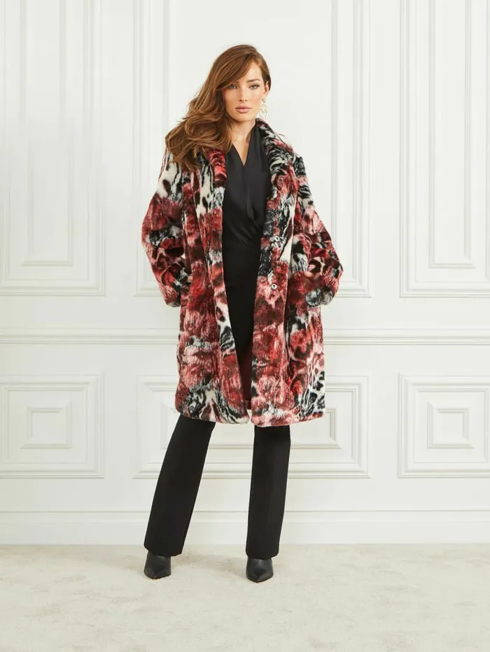 Women Belle FauxFur Coat Leopard Rose Print Jackets and Coats GUESS