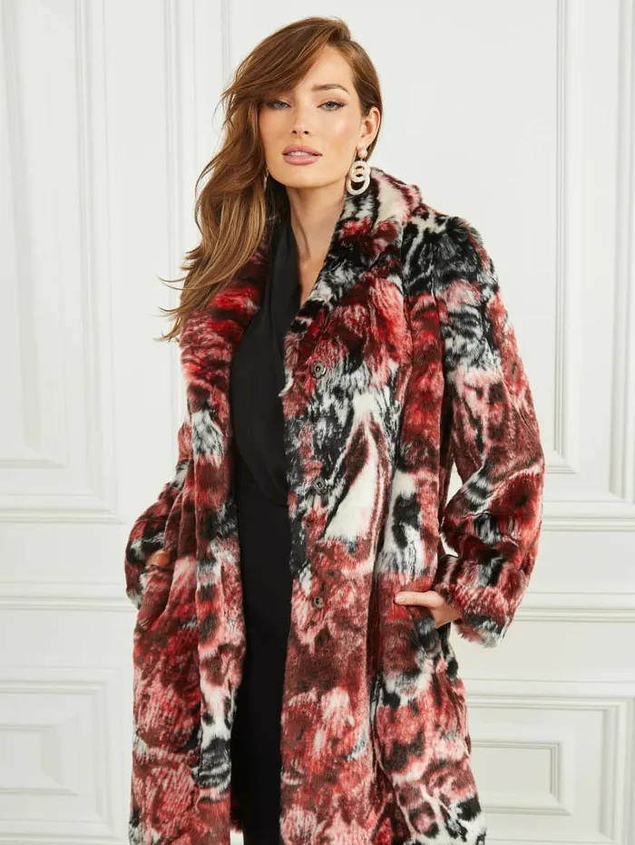 Women Belle FauxFur Coat Leopard Rose Print Jackets and Coats GUESS