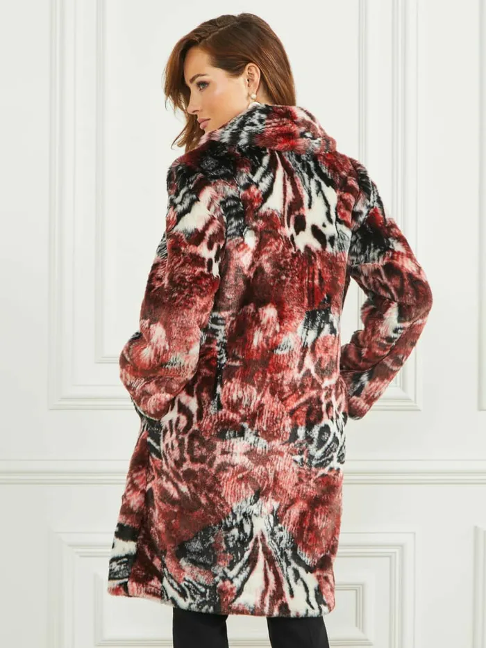 Women Belle FauxFur Coat Leopard Rose Print Jackets and Coats GUESS