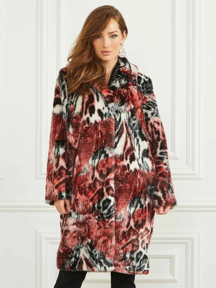 Women Belle FauxFur Coat Leopard Rose Print Jackets and Coats GUESS