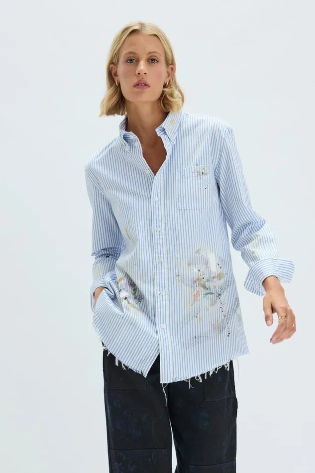 Women Blue Stripe Painter Shirt Raquel Allegra Dresses