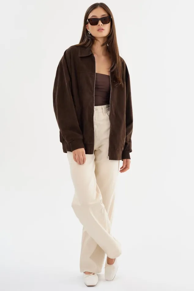 Women CADEN Oversized Suede Bomber Jacket Chocolate LAMARQUE Leather Jackets Women CADEN Oversized Suede Bomber Jacket Chocolate LAMARQUE Leather Jackets