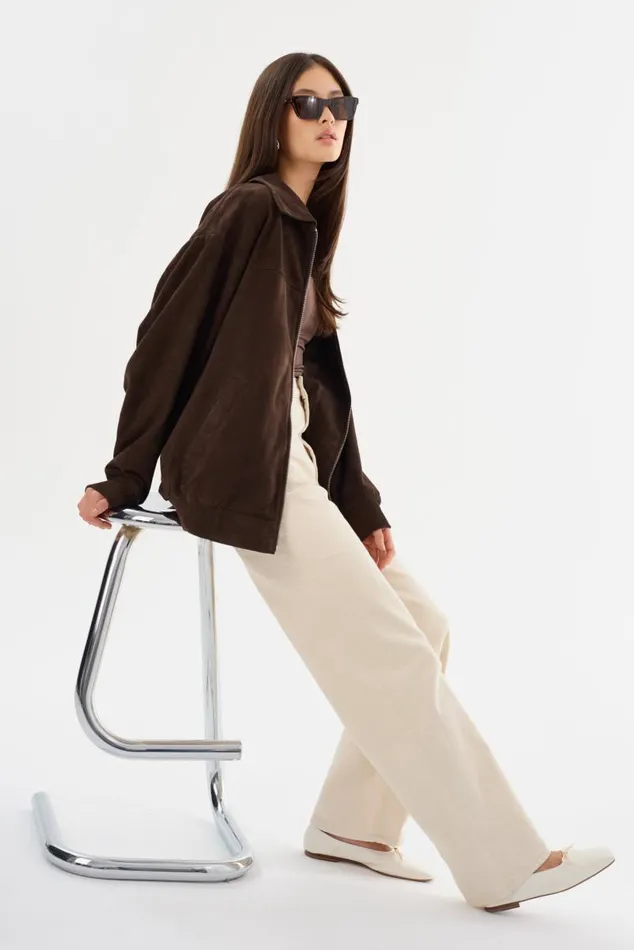 Women CADEN Oversized Suede Bomber Jacket Chocolate LAMARQUE Leather Jackets Women CADEN Oversized Suede Bomber Jacket Chocolate LAMARQUE Leather Jackets
