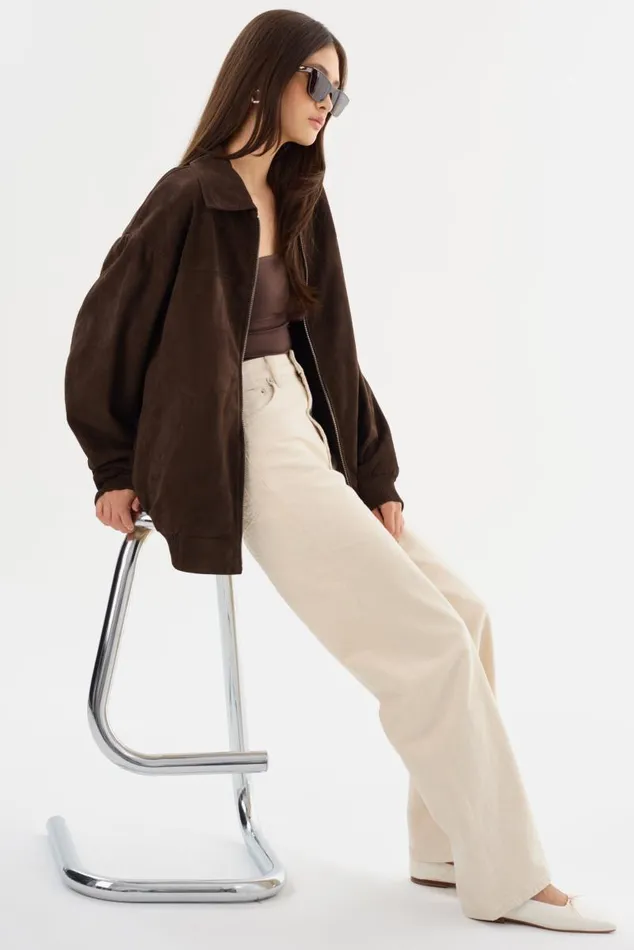 Women CADEN Oversized Suede Bomber Jacket Chocolate LAMARQUE Leather Jackets Women CADEN Oversized Suede Bomber Jacket Chocolate LAMARQUE Leather Jackets