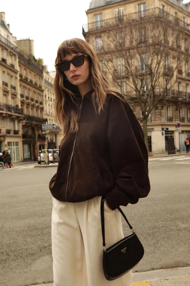 Women CADEN Oversized Suede Bomber Jacket Chocolate LAMARQUE Leather Jackets Women CADEN Oversized Suede Bomber Jacket Chocolate LAMARQUE Leather Jackets