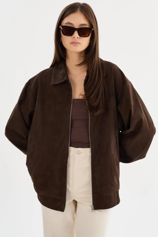 Women CADEN Oversized Suede Bomber Jacket Chocolate LAMARQUE Leather Jackets Women CADEN Oversized Suede Bomber Jacket Chocolate LAMARQUE Leather Jackets