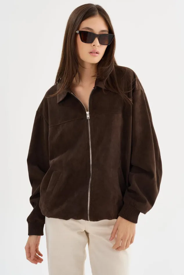 Women CADEN Oversized Suede Bomber Jacket Chocolate LAMARQUE Leather Jackets Women CADEN Oversized Suede Bomber Jacket Chocolate LAMARQUE Leather Jackets