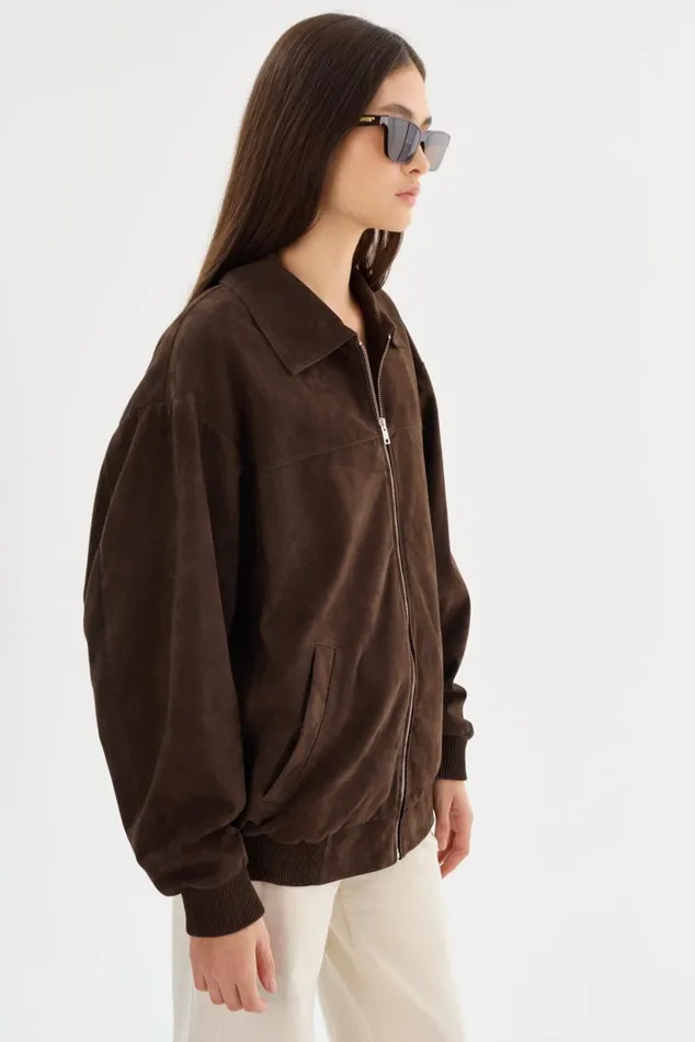 Women CADEN Oversized Suede Bomber Jacket Chocolate LAMARQUE Leather Jackets Women CADEN Oversized Suede Bomber Jacket Chocolate LAMARQUE Leather Jackets