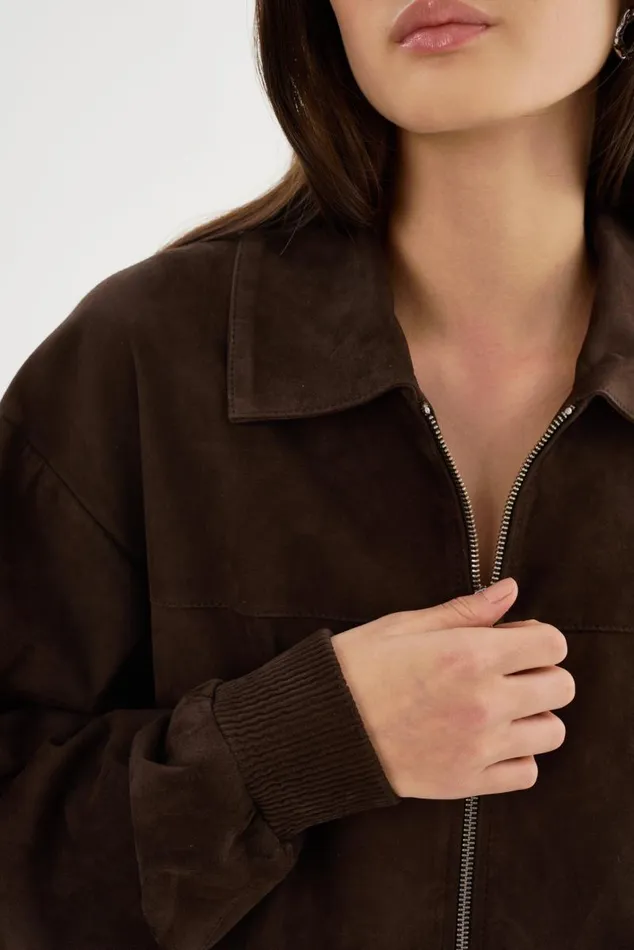 Women CADEN Oversized Suede Bomber Jacket Chocolate LAMARQUE Leather Jackets Women CADEN Oversized Suede Bomber Jacket Chocolate LAMARQUE Leather Jackets