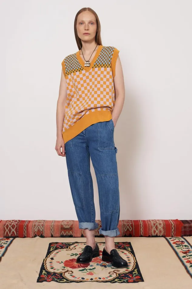 Women Check Blue and Gold Sudan Vest Raquel Allegra Sweaters and Knits