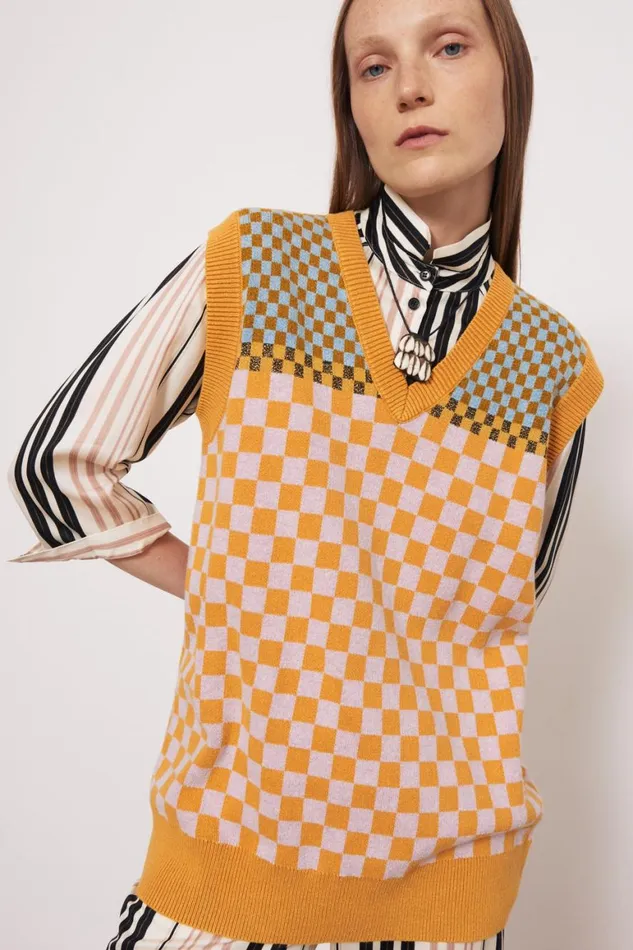 Women Check Blue and Gold Sudan Vest Raquel Allegra Sweaters and Knits