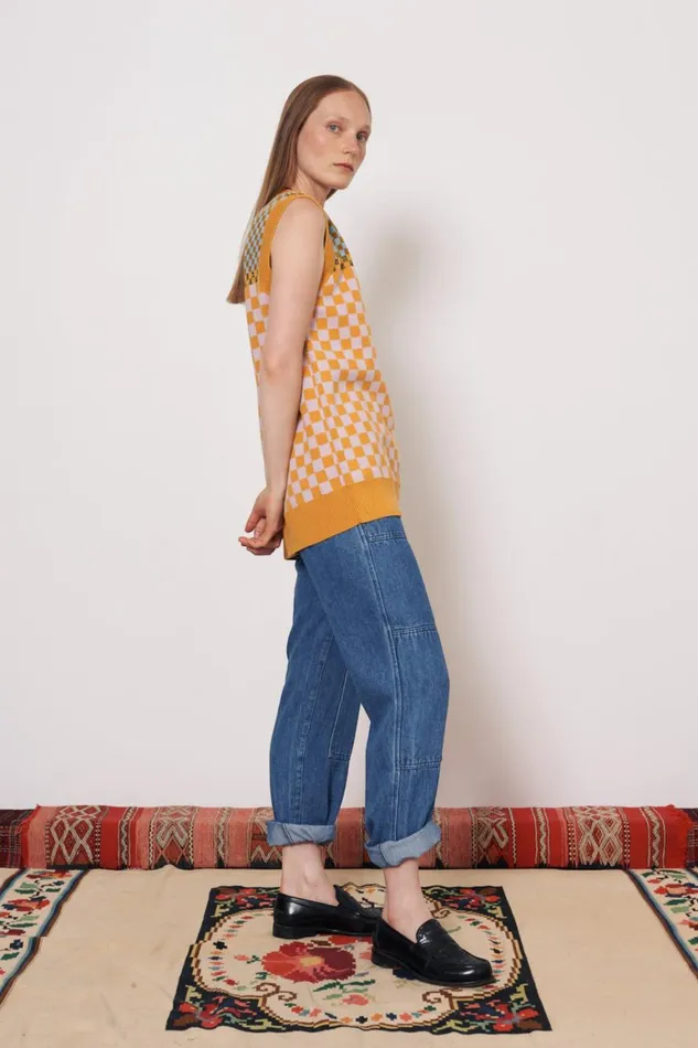 Women Check Blue and Gold Sudan Vest Raquel Allegra Sweaters and Knits