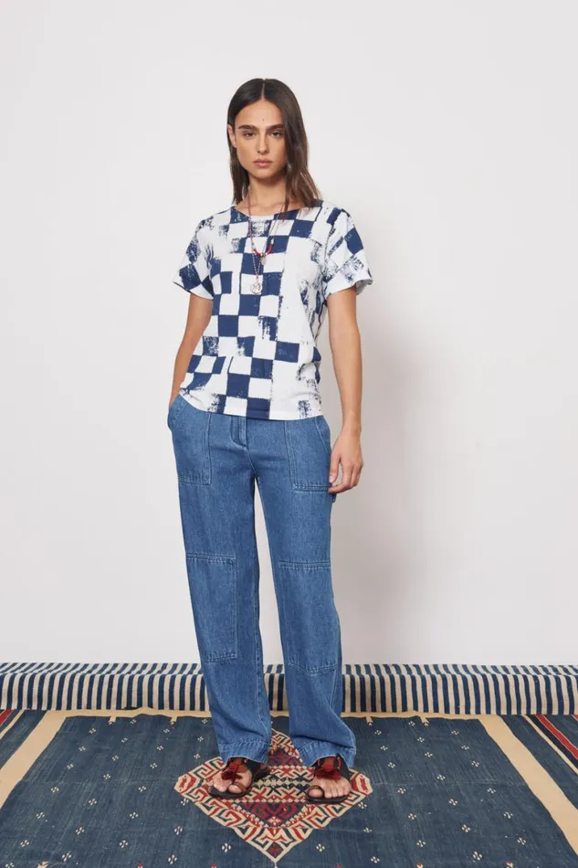 Women Check Ice Blue And Midnight Kibo Tee Raquel Allegra Tops