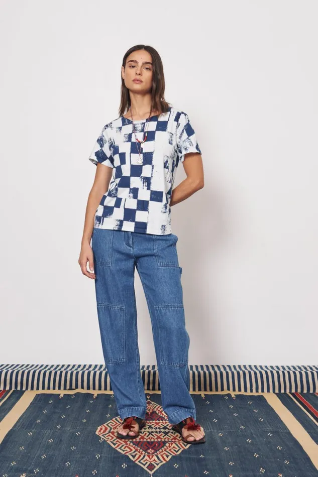 Women Check Ice Blue And Midnight Kibo Tee Raquel Allegra Tops
