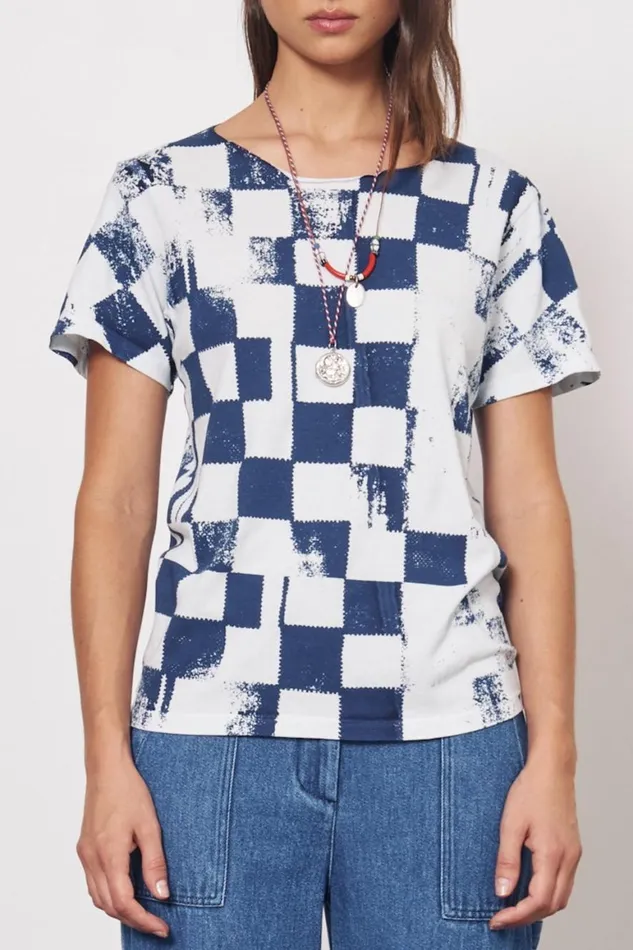 Women Check Ice Blue And Midnight Kibo Tee Raquel Allegra Tops