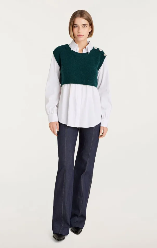 Women Cinq Sept Long Sleeve Tops Alden Pullover Green Onyxwhite