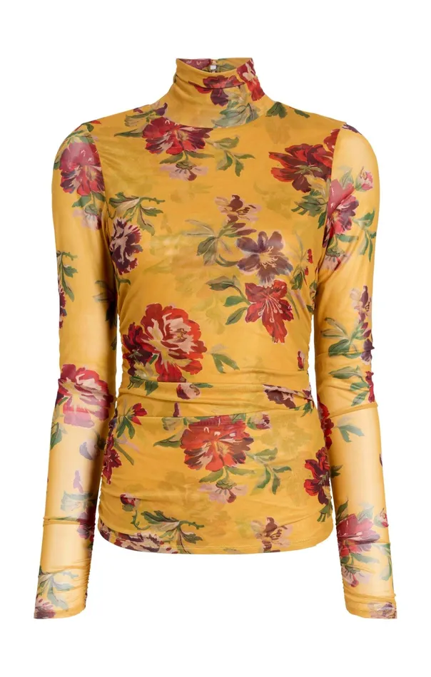 Women Cinq Sept Long Sleeve Tops Brigitte Floral Shirred Mesh Turtleneck Deep Gold Multi Women Cinq Sept Long Sleeve Tops Brigitte Floral Shirred Mesh Turtleneck Deep Gold Multi