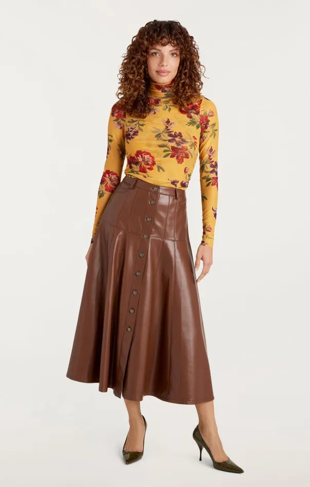 Women Cinq Sept Long Sleeve Tops Brigitte Floral Shirred Mesh Turtleneck Deep Gold Multi