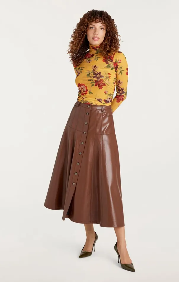 Women Cinq Sept Long Sleeve Tops Brigitte Floral Shirred Mesh Turtleneck Deep Gold Multi