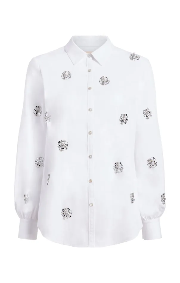 Women Cinq Sept Long Sleeve Tops Crystal Dot Tianna Top White