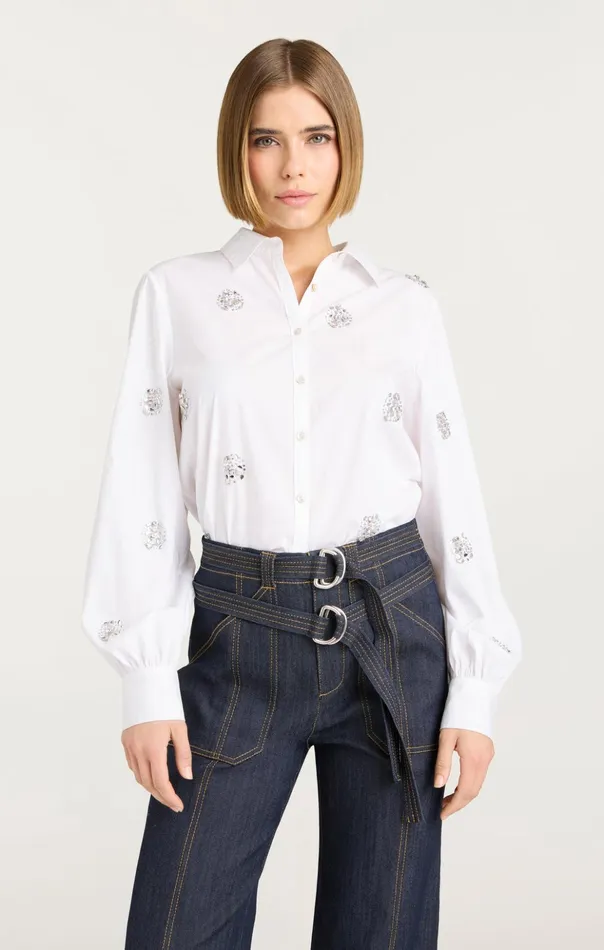 Women Cinq Sept Long Sleeve Tops Crystal Dot Tianna Top White