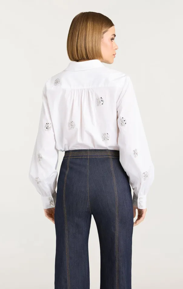 Women Cinq Sept Long Sleeve Tops Crystal Dot Tianna Top White