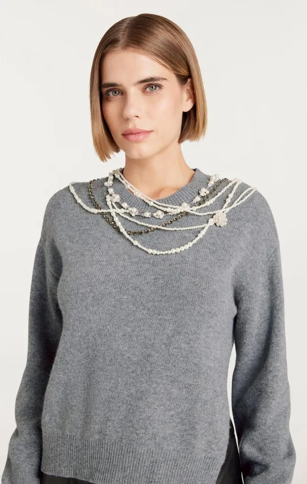 Women Cinq Sept Sweaters and Knits Necklace Lilliana Pullover Light Heather Grey
