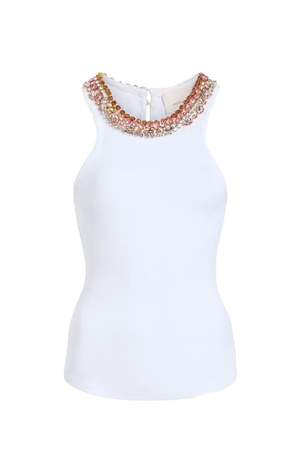 Women Cinq Sept Tank Tops and Camisoles Chunky Rhinestone Necklace Lizzie Top White Multi