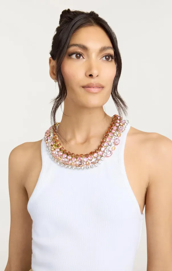 Women Cinq Sept Tank Tops and Camisoles Chunky Rhinestone Necklace Lizzie Top White Multi