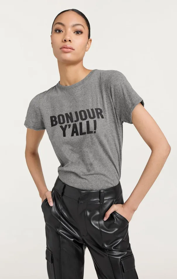 Women Cinq Sept Tees and Pullovers Bonjour Y039all Tee Heather Greyblack