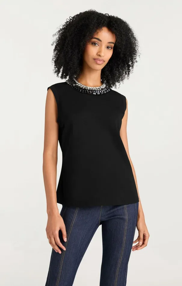 Women Cinq Sept Tees and Pullovers Chunky Rhinestone Embellished Tee Blackclear