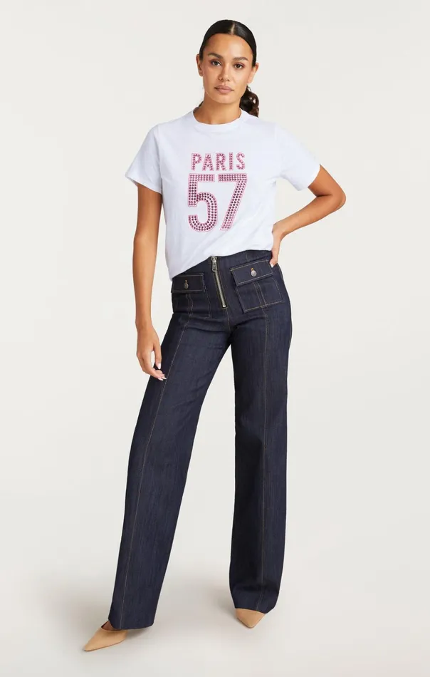 Women Cinq Sept Tees and Pullovers Large Heat Set Paris 57 Tee Whitehot Magenta