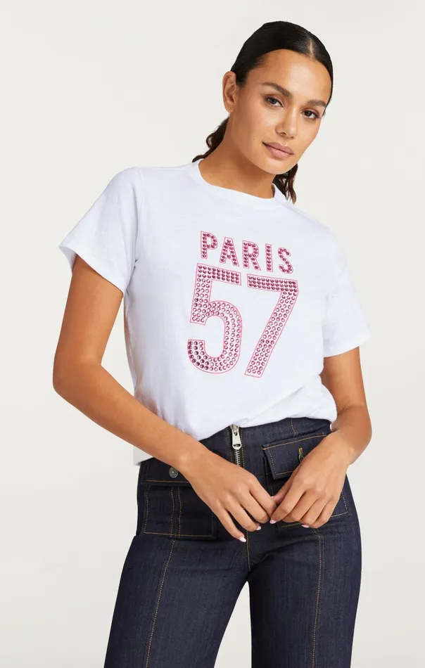 Women Cinq Sept Tees and Pullovers Large Heat Set Paris 57 Tee Whitehot Magenta