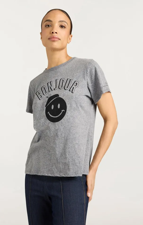 Women Cinq Sept Tees and Pullovers Pop Up Bonjour Shrunken Tee Heather Greyblack