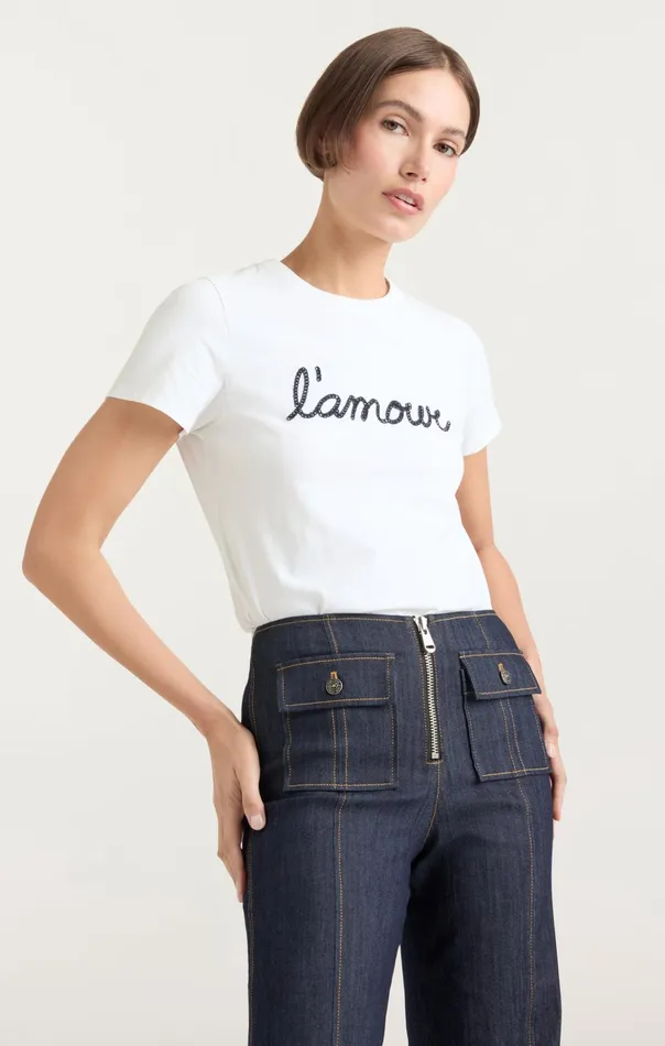 Women Cinq Sept Tees and Pullovers Shrunken L039amour Tee Whitenavy
