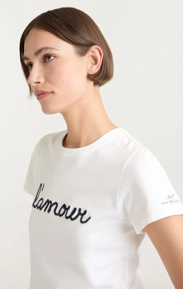 Women Cinq Sept Tees and Pullovers Shrunken L039amour Tee Whitenavy