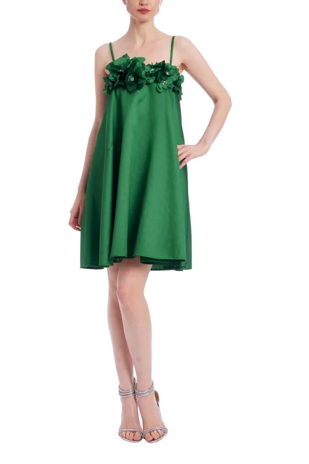 Women Cocktail Badgley Mischka Floral Applique Babydoll Dress Kelly Green