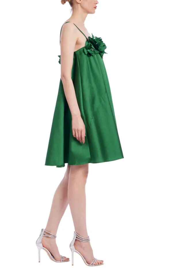Women Cocktail Badgley Mischka Floral Applique Babydoll Dress Kelly Green