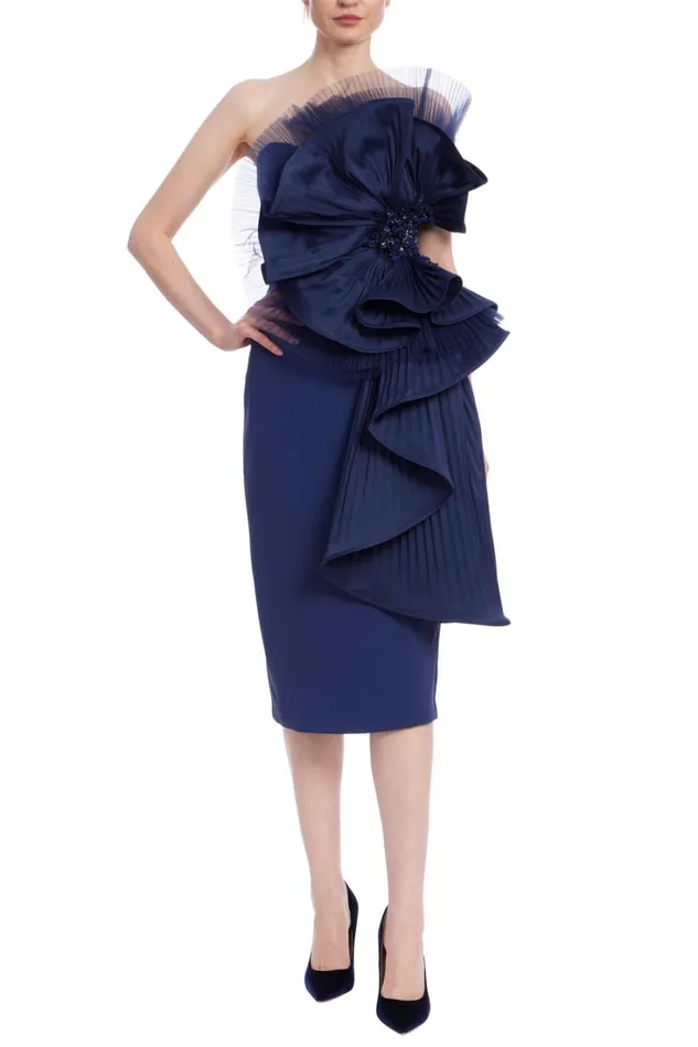 Women Cocktail Badgley Mischka Pleated Ruffle Drape Strapless Dress Navy