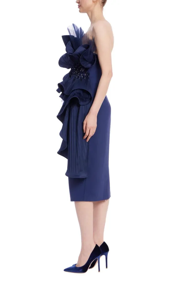 Women Cocktail Badgley Mischka Pleated Ruffle Drape Strapless Dress Navy