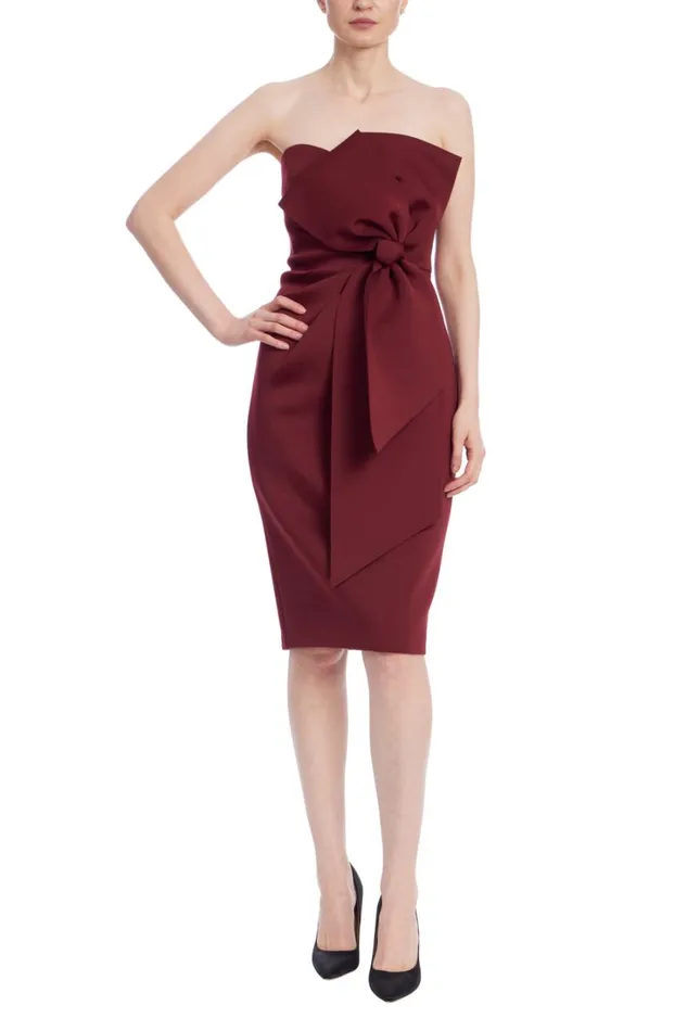 Women Cocktail Badgley Mischka Strapless Bow Sheath Dress Wine