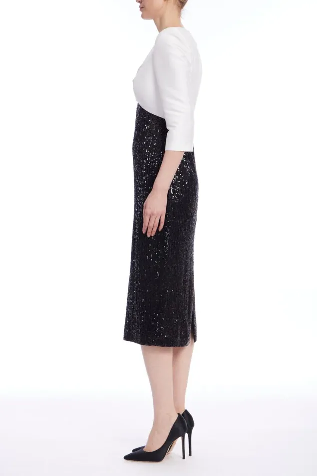 Women Cocktail Badgley Mischka Two Tone VNeck Sheath Dress Black Ivory