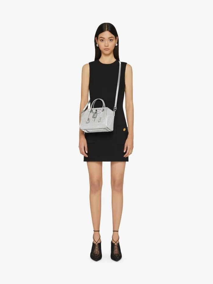 Women Crossbody Bags Givenchy Mini Antigona Lock Bag In Satin Strass And Leather Silvery Grey