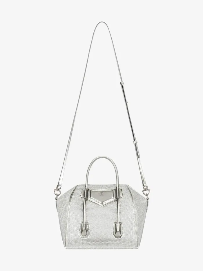 Women Crossbody Bags Givenchy Mini Antigona Lock Bag In Satin Strass And Leather Silvery Grey
