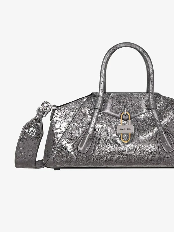 Women Crossbody Bags Givenchy Mini Antigona Stretch Bag In Laminated Leather Silvery Grey