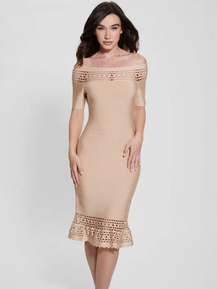 Women Dresses and Jumpsuits GUESS Gabriela OfftheShoulder Bandage Dress Foamy Taupe Multi Women Dresses and Jumpsuits GUESS Gabriela OfftheShoulder Bandage Dress Foamy Taupe Multi