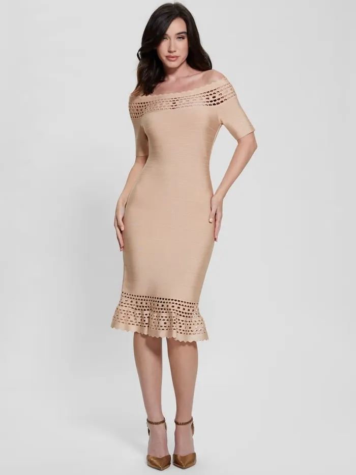 Women Dresses and Jumpsuits GUESS Gabriela OfftheShoulder Bandage Dress Foamy Taupe Multi Women Dresses and Jumpsuits GUESS Gabriela OfftheShoulder Bandage Dress Foamy Taupe Multi